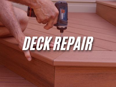 Image with the words "Deck Repair" overlaying an image of a man making repairs to a wood deck.