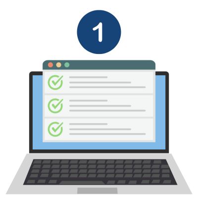 Image with a #1 at the top for step 1 and the image of a laptop displaying an online questionnaire.
