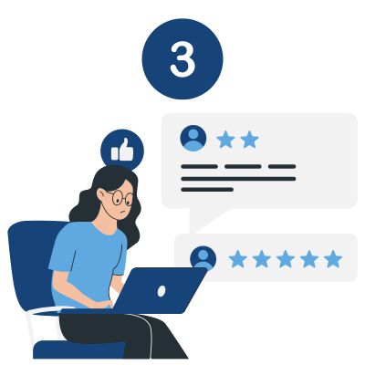 Image with a #3 at the top for step 3 and an image that shows a woman finding qualified developers on her laptop.