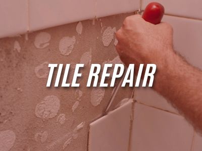 Image with the words "Tile Repair" overlaying an image of a person removing and installing new tile.