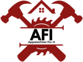 Logo for Appalachian Fix It with 2 hammers a saw and the roof of a home and the letters AFI with the words Appalachian Fix It in the middle of the image.