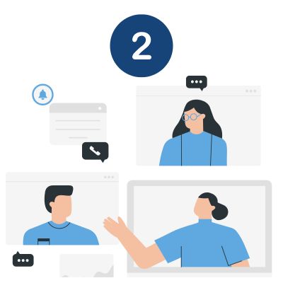 Image with a #2 at the top for step 2 and icons that show people meeting over a video call.